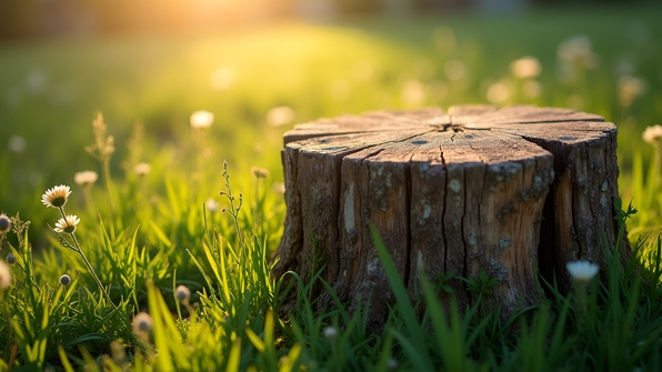Weathered Wooden Stump on Green Grass