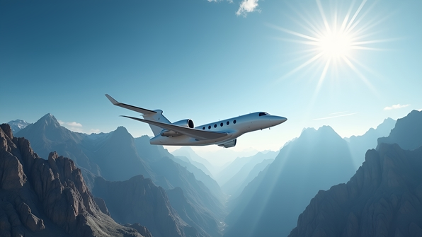 White airplane flying over rugged mountain peaks under clear blue sky