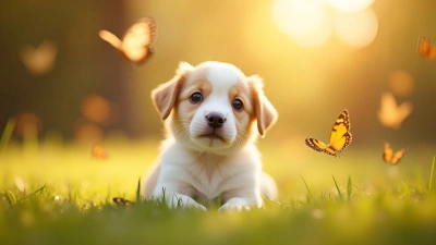 White And Beige Puppy Sitting On Grass
