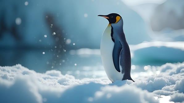 Low light image of a white and black penguin standing on icy terrain with soft shadows and subtle reflections