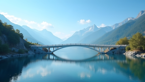 White bridge spanning a tranquil lake with majestic mountains in the background