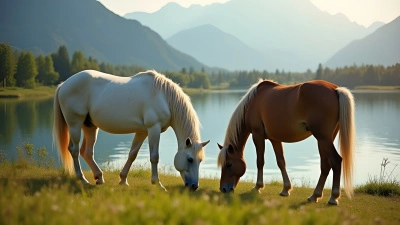 White and Brown Horses Grazing by Lakeside