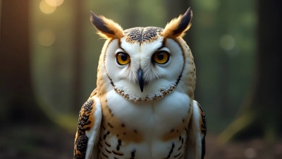 White Brown Owl With Yellow Eyes Close-Up