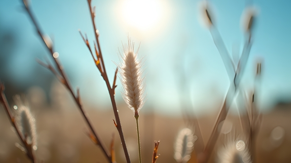 Close-up of a white and brown plant basking in bright natural daylight with a clear blue sky background