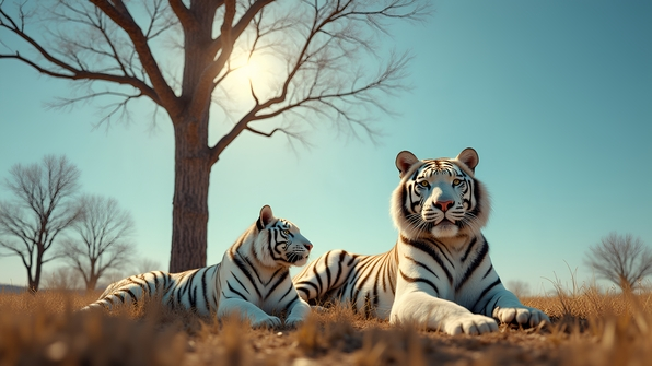 White and brown tigers resting peacefully near a tall leafless tree under a clear blue sky