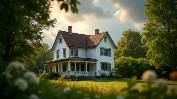 White brown two-story house surrounded by lush green trees under a dramatic cloudy sky