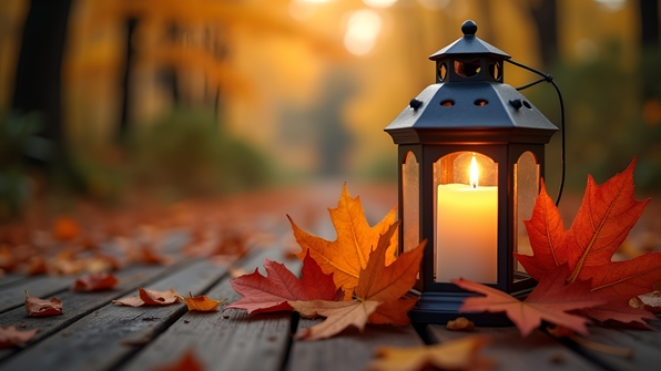 A white candle lantern glowing among autumn leaves on a rustic wooden surface