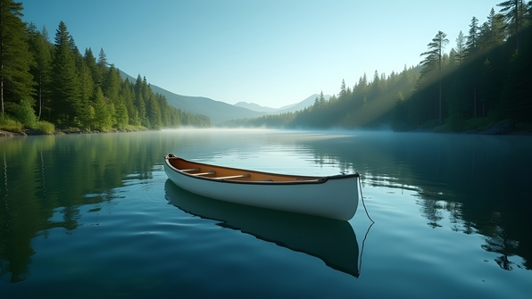 White Canoe Floating On Calm Lake