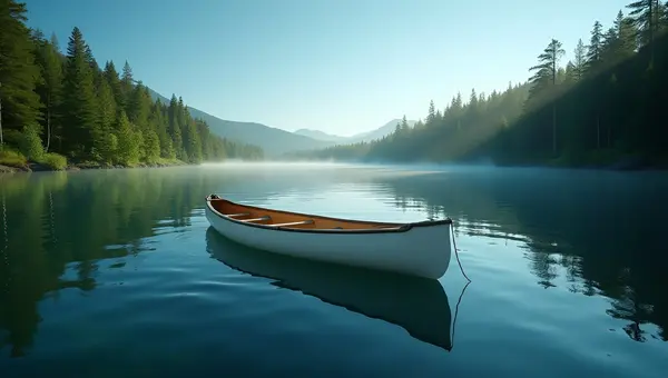 White Canoe Floating On Calm Lake
