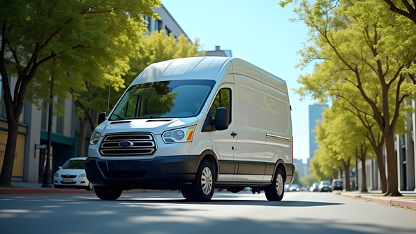 White cargo van parked on a sunny city street with blue sky and green trees