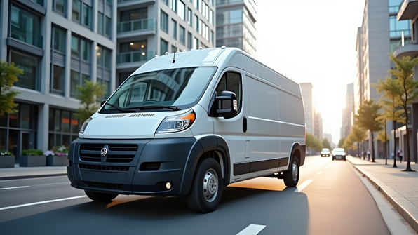 A white cargo van parked on an urban street under bright daylight with clear skies and modern buildings in the background