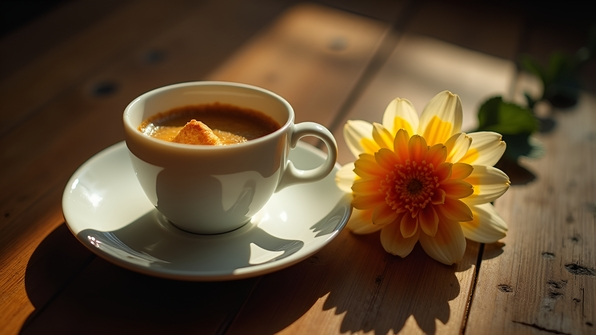 White ceramic cup with golden croissant on a white saucer next to a vibrant yellow and white petaled flower on a wooden table