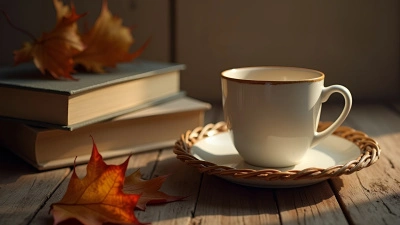 White Ceramic Mug with Autumn Leaves and Books