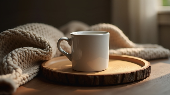 White Ceramic Mug On Rustic Wooden Tray