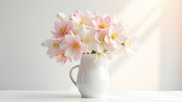 White ceramic vase with pink and white flowers on a bright minimalist background