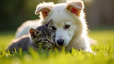 White Dog And Gray Cat Embracing On Grass