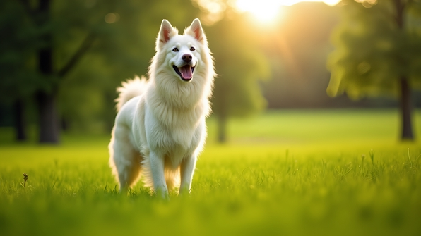 White Dog With Silky Coat In Meadow