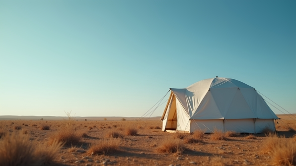 White Dome Tent on Dry Field Under Blue Sky