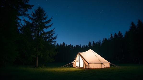 White dome tent illuminated softly under a starry night sky in a serene forest