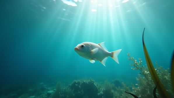 Close-up of a white fish swimming gracefully underwater with sunlight filtering through clear blue water and aquatic plants swaying nearby