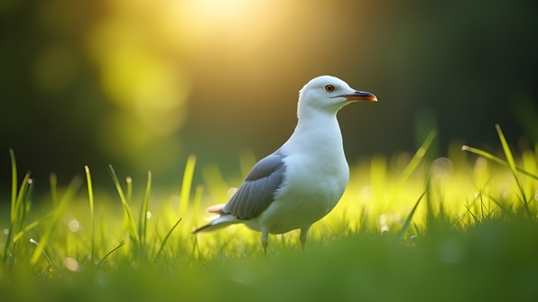 White Gray Bird Perched On Green Grass