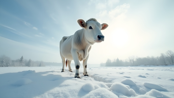 White and gray cow standing on snow-covered ground under bright daytime light