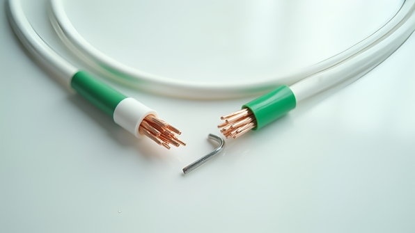Close-up of white and green insulated electrical wires with visible copper strands coiled and connected