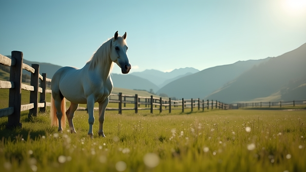 White Horse Near Rustic Wooden Fence in Sunny Pasture