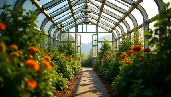 White Metal Greenhouse Surrounded by Garden Plants
