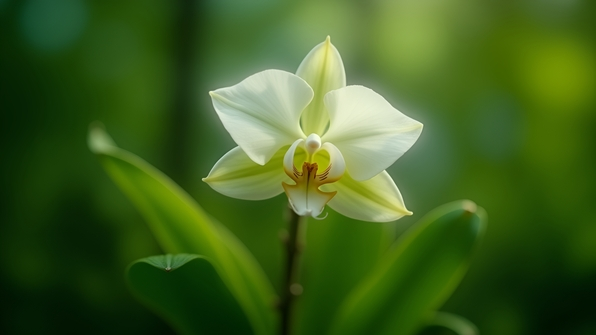 Close-up of a white moth orchid flower with soft petals and vibrant green leaves