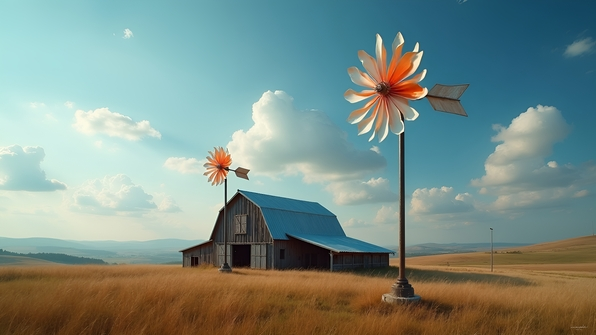 White Orange Wind Vanes On Rustic Barns