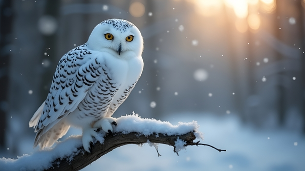 White owl perched on a snow-covered branch in a soft, blurred forest background under gentle daylight