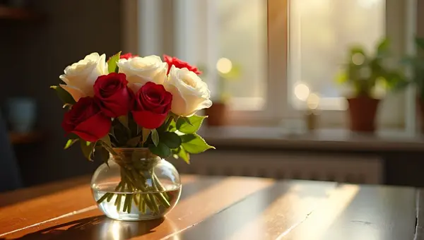 White and Red Roses in Glass Vase