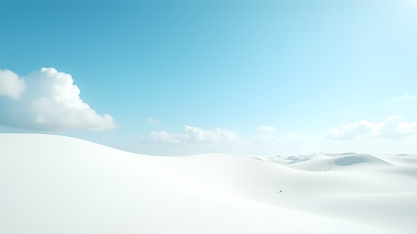 Bright daytime scene featuring white sand dunes under a clear blue sky with soft fluffy white clouds