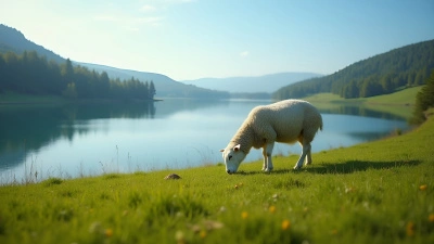 White Sheep Grazing Near Blue Lake