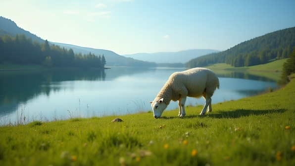 White sheep grazing near a blue lake on green grass under clear daytime skies