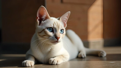 White Siamese Cat With Blue Eyes Beside Brown Wall