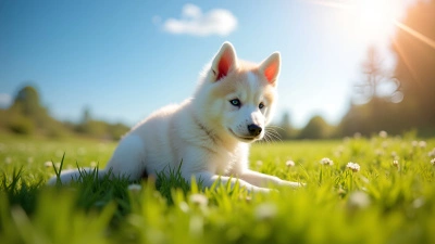 White Siberian Husky Puppy Sitting Outdoors