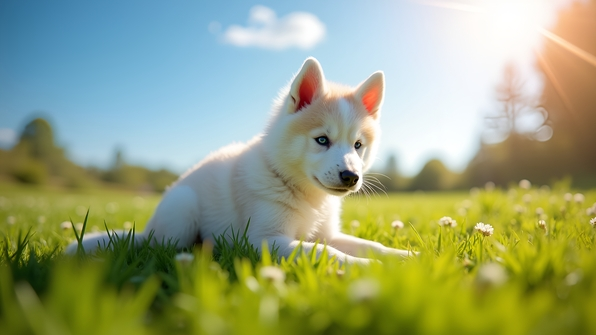 White Siberian Husky puppy sitting on vibrant green grass under bright daytime sunlight