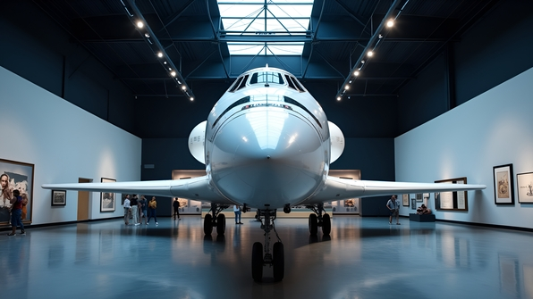 A sleek white space shuttle displayed indoors in a modern museum with bright lighting and polished floors