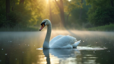 White Swan Gliding on Calm Reflective Lake