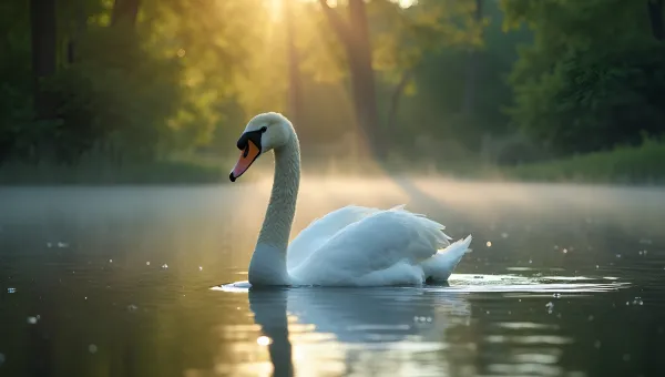 White Swan Gliding on Calm Reflective Lake