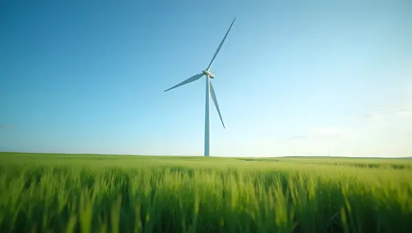 White Wind Turbine Towering Over Green Fields