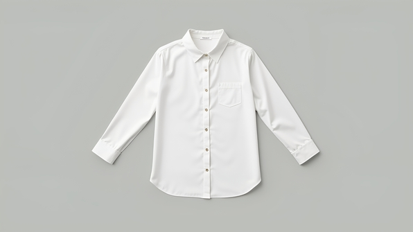A crisp white women's blouse with classic collar and button-down front on a neutral background