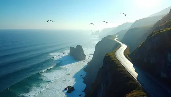 Winding Asphalt Road Along Rocky Cliffside