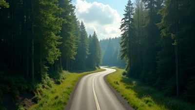 Winding Asphalt Road Through Tall Green Trees