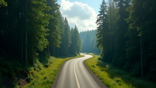 A winding asphalt road flanked by tall green trees under a clear blue sky in a serene forest setting