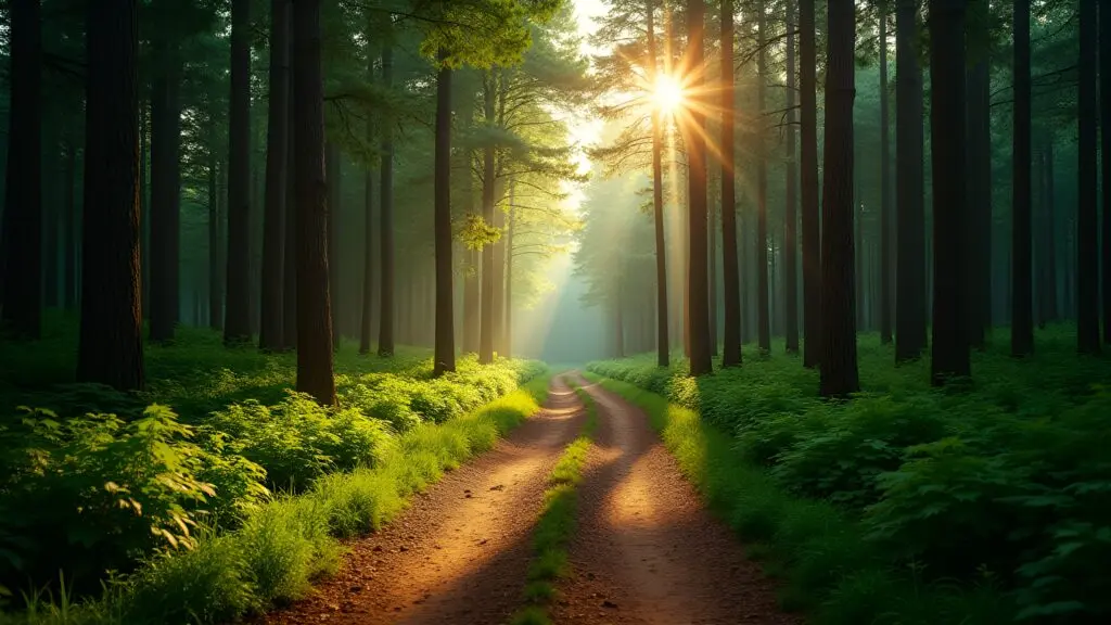 Winding Dirt Path Through Dense Sunlit Forest
