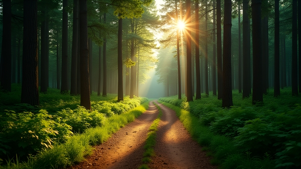 A winding dirt path cutting through a dense sunlit forest with tall trees and lush green foliage