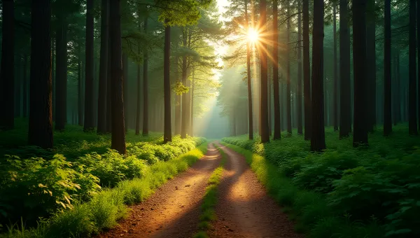 Winding Dirt Path Through Dense Sunlit Forest